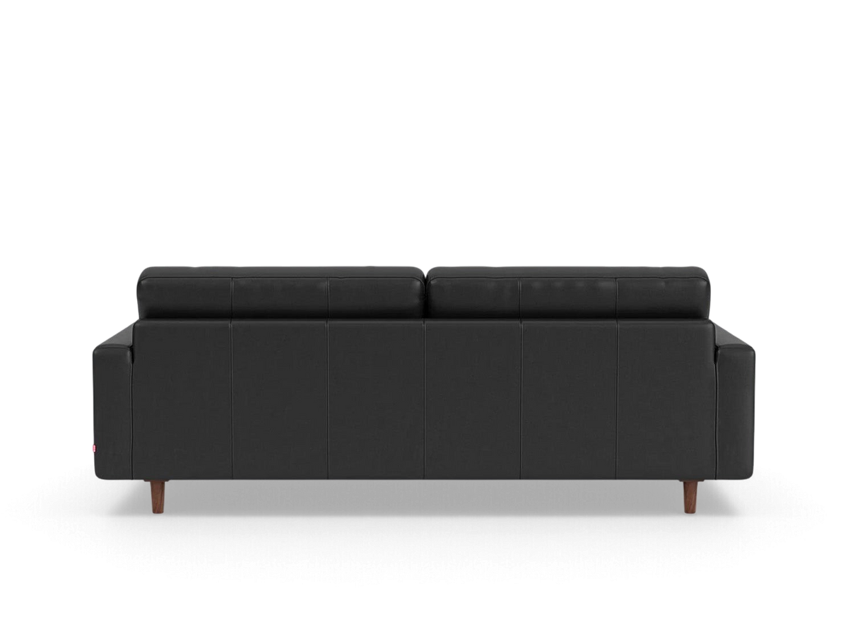 urbane EQ3 Oskar 85 inch sofa in black leather with a classic design and wooden legs, back view