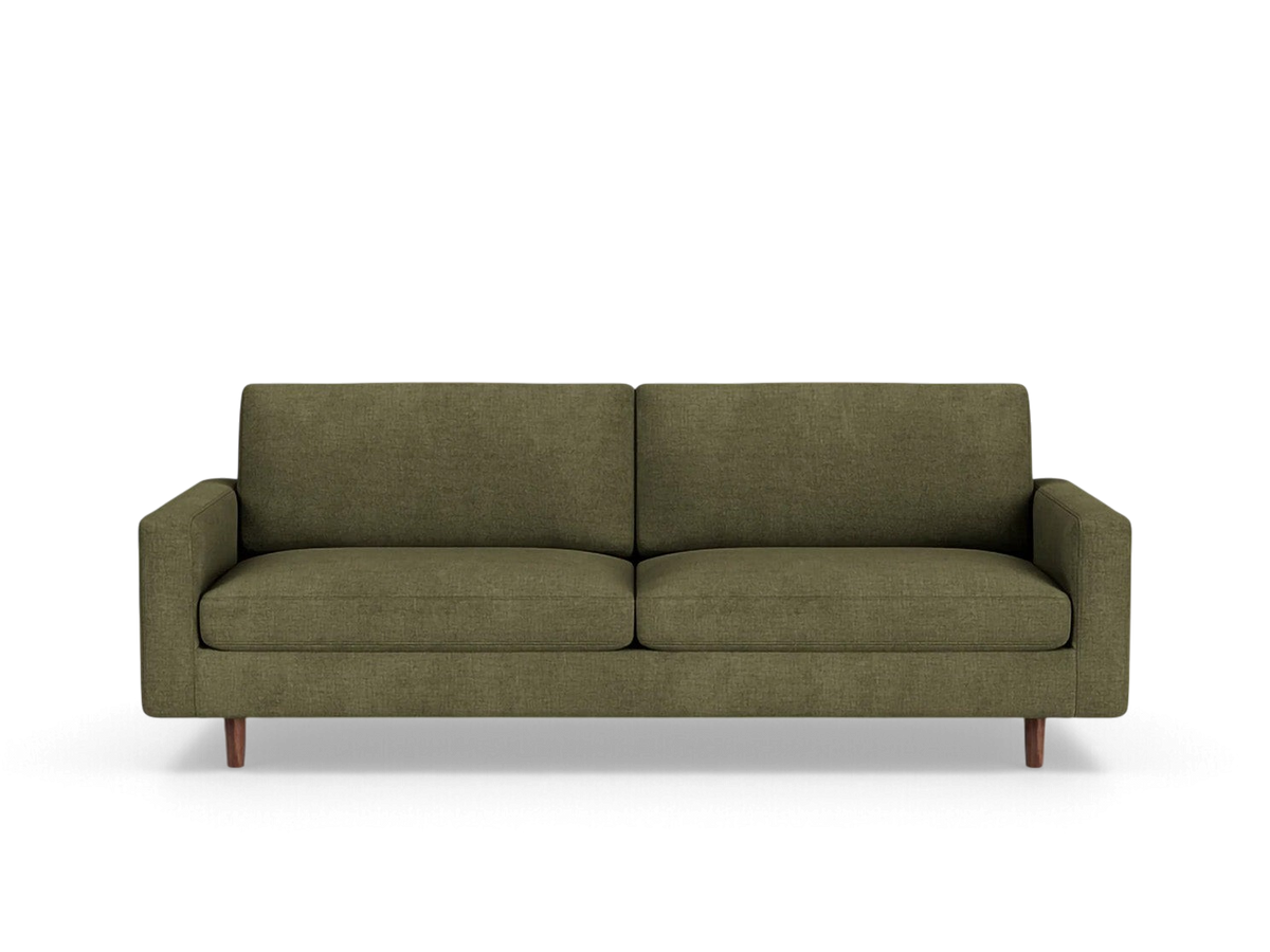 urbane EQ3 Oskar Plush 85-inch sofa in olive green fabric with wooden legs and two comfortable seat cushions