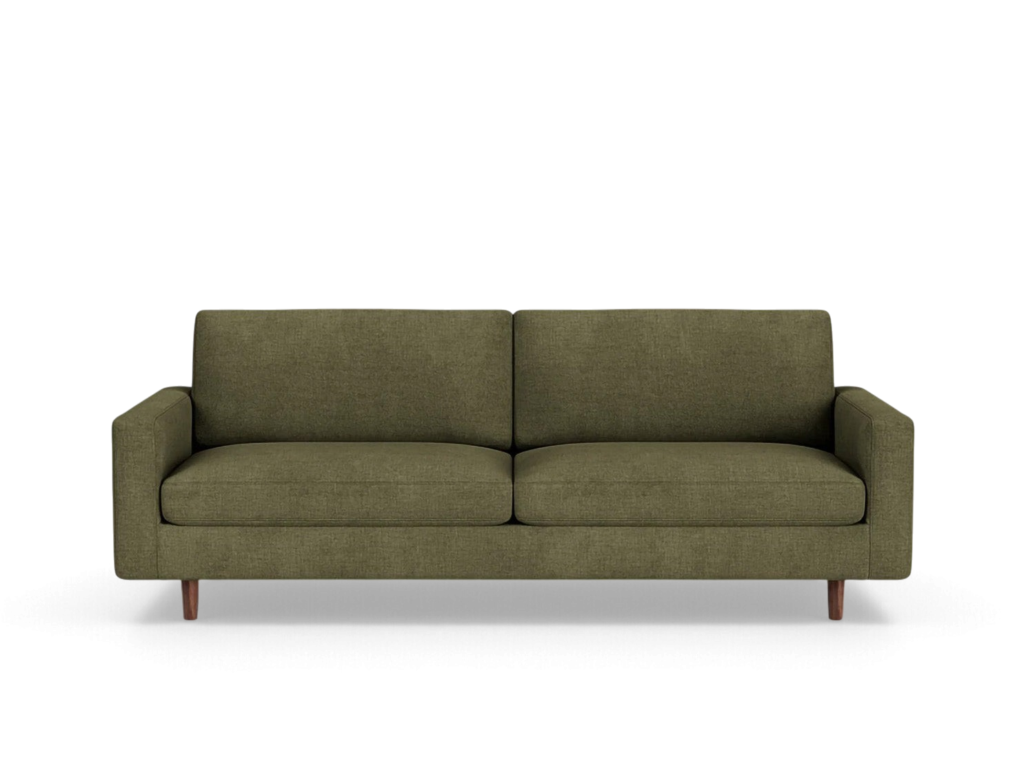 urbane EQ3 Oskar Plush 85-inch sofa in olive green fabric with wooden legs and two comfortable seat cushions