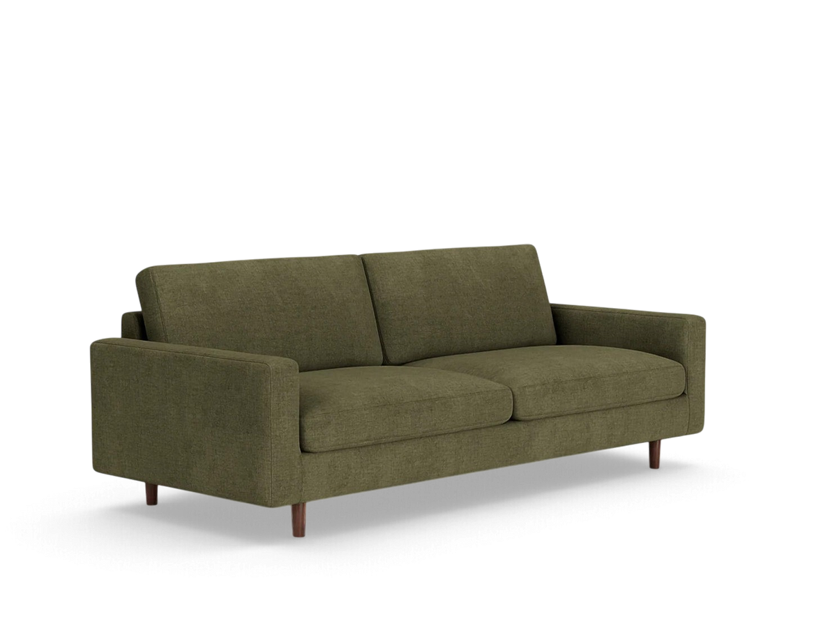 urbane EQ3 Oskar Plush 85 inch sofa in olive green fabric with modern wooden legs and feather-filled cushions