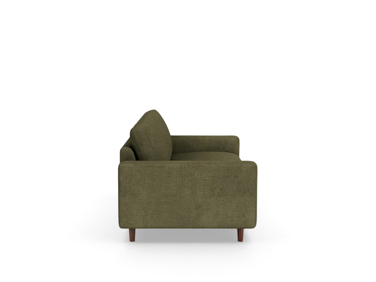 urbane EQ3 Oskar Plush 85 inch sofa in olive green fabric with a side profile view and wooden legs