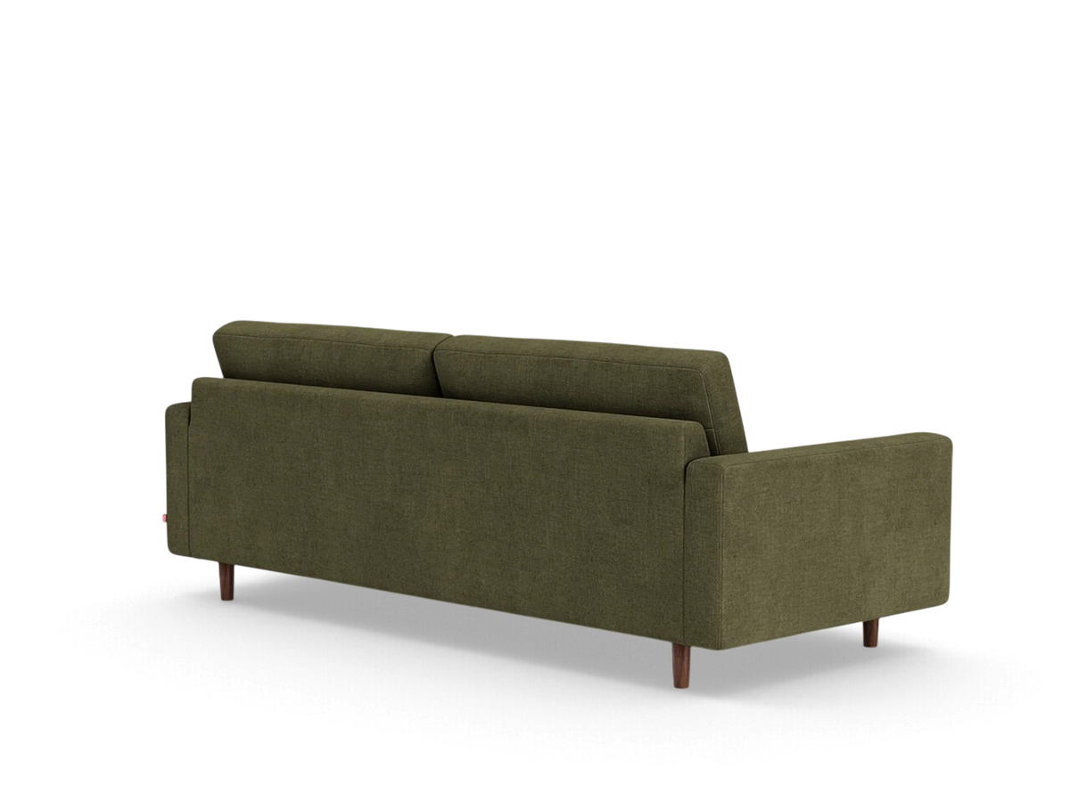 urbane EQ3 Oskar Plush 85 inch sofa in olive green fabric with wooden legs, shown from a rear angle