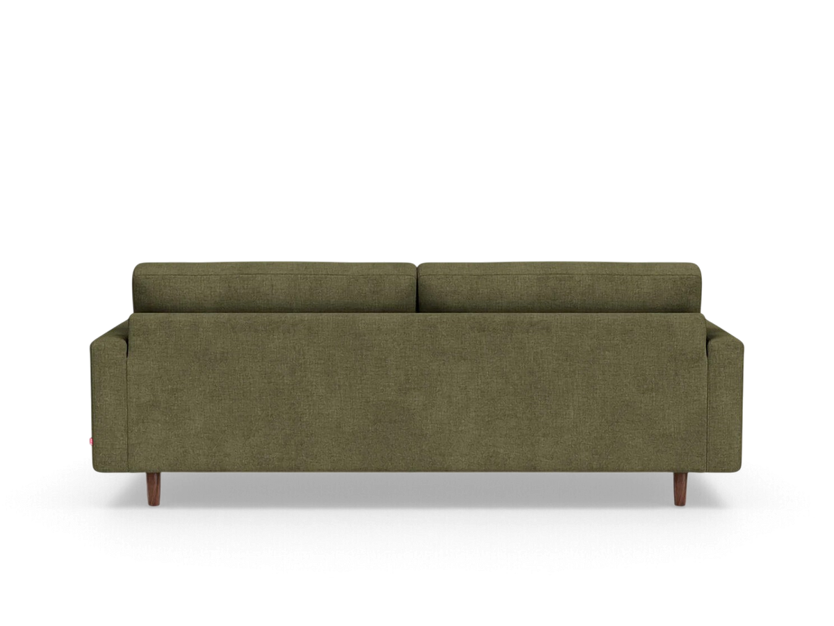 urbane EQ3 Oskar Plush 85 inch sofa in olive green fabric with wooden legs, shown from a straight back view.
