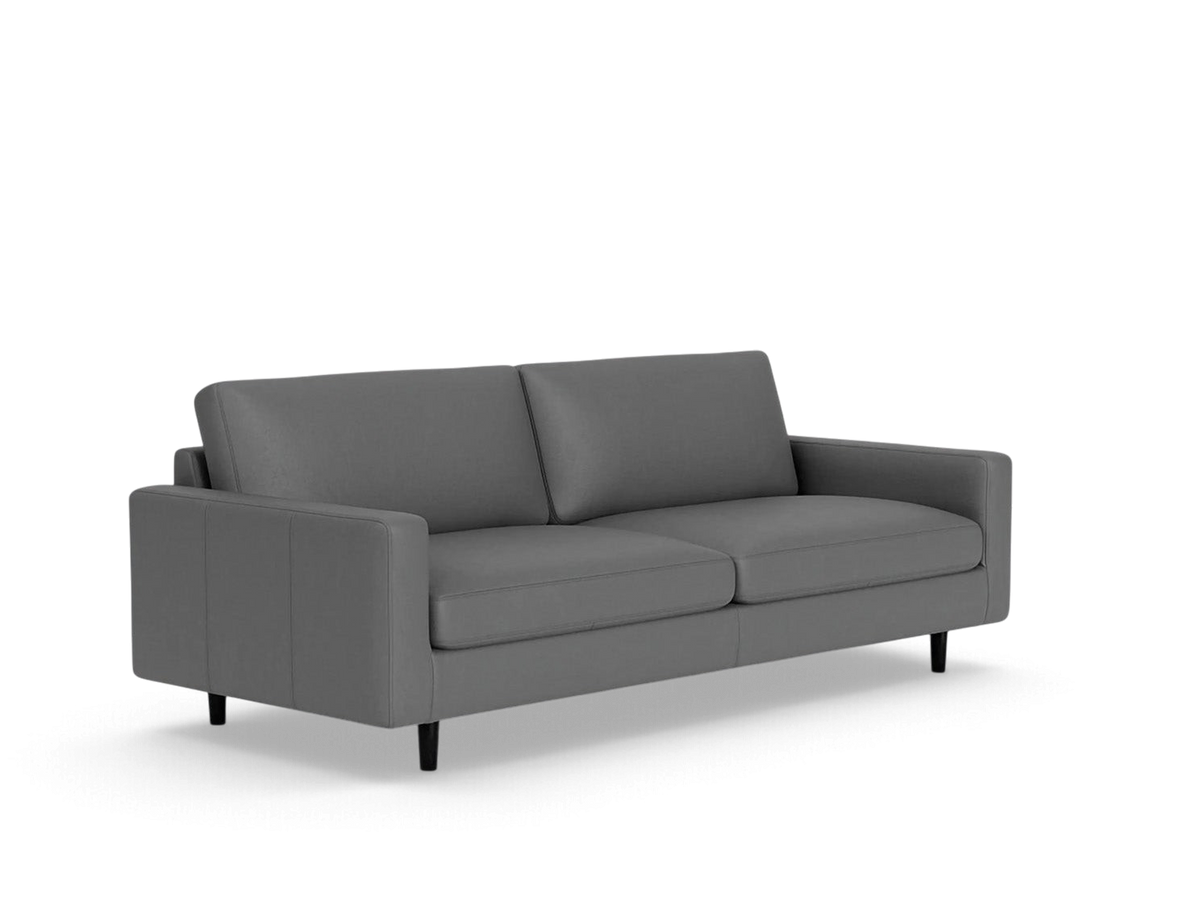 urbane EQ3 Oskar Plush 85-inch sofa in grey upholstery with modern low-profile design and black tapered legs
