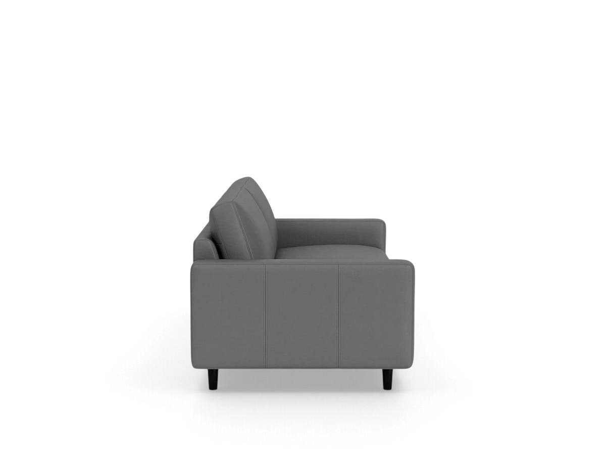 urbane EQ3 Oskar Plush 85 inch sofa in grey fabric with a modern silhouette and black tapered legs, side view