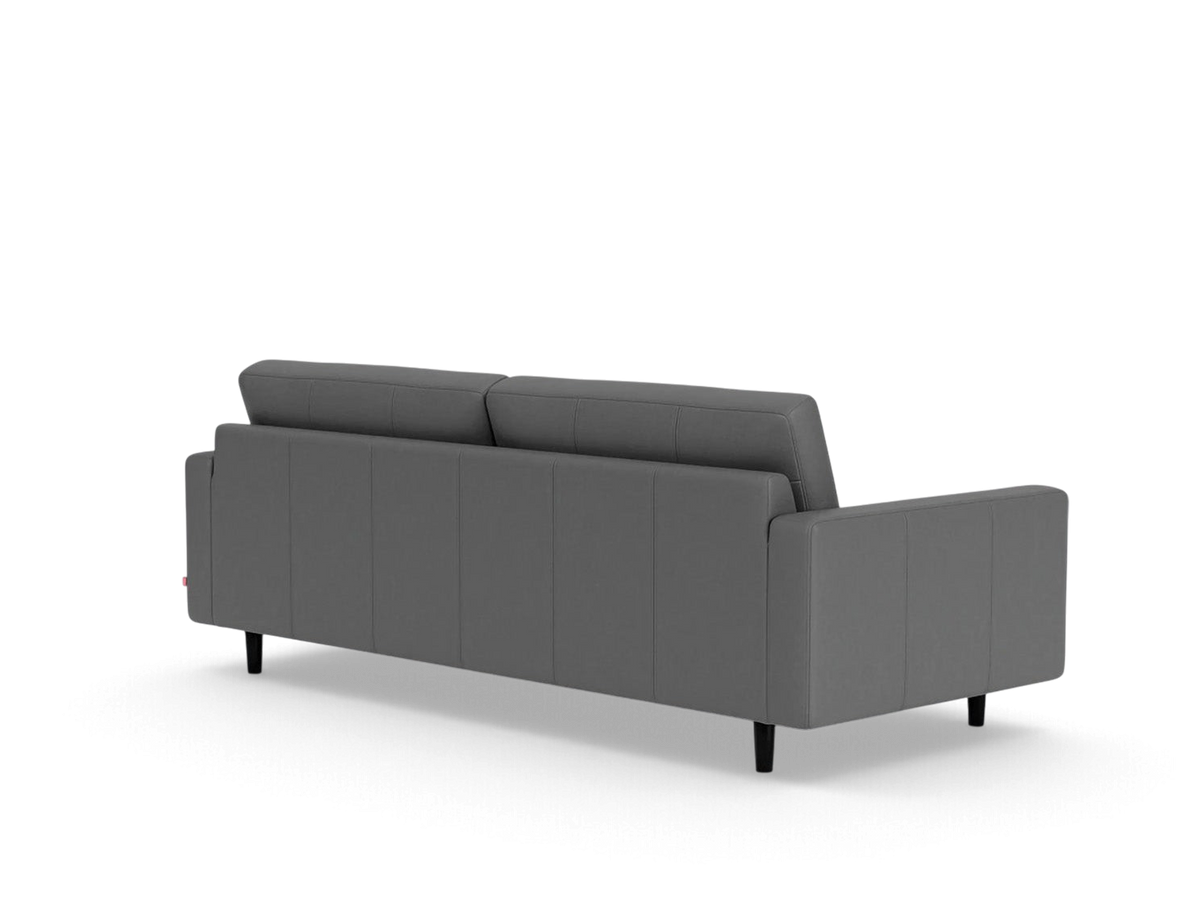 urbane EQ3 Oskar Plush 85 inch sofa in grey fabric with a modern silhouette and black tapered legs, back view