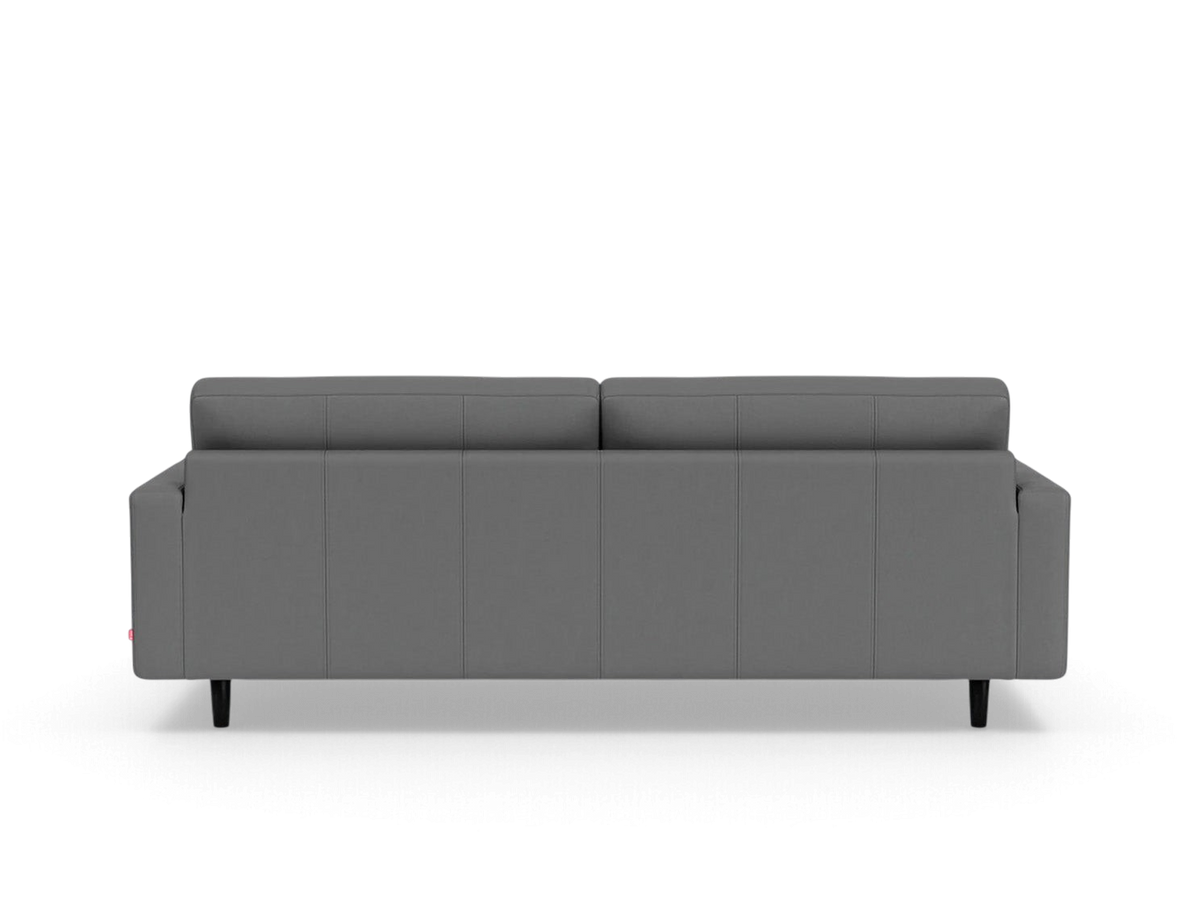 urbane EQ3 Oskar Plush 85 inch sofa in grey fabric with a clean back view and tapered black legs