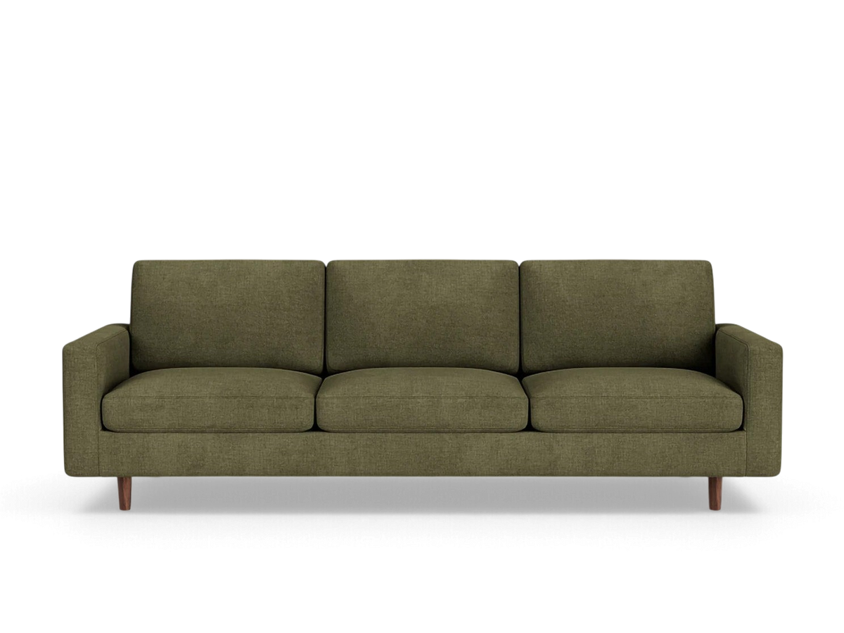 urbane EQ3 Oskar Plush 93-inch three-seater sofa in olive green fabric with wooden legs