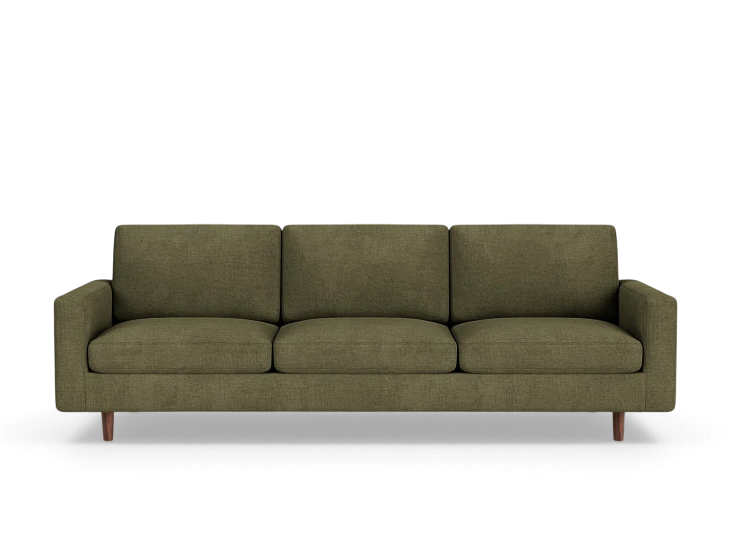 urbane EQ3 Oskar Plush 93-inch three-seater sofa in olive green fabric with wooden legs