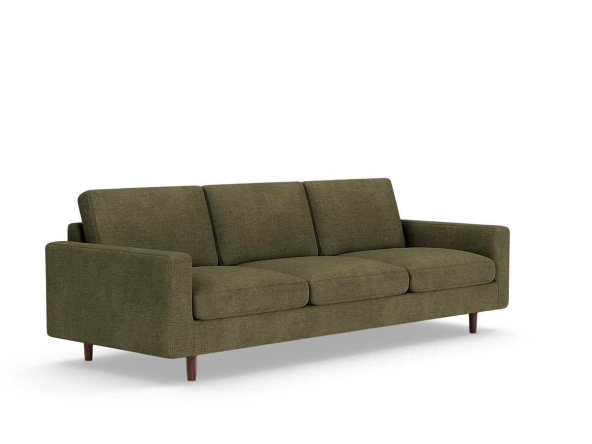 urbane EQ3 Oskar Plush 93-inch three-seater sofa in olive green fabric with wooden legs