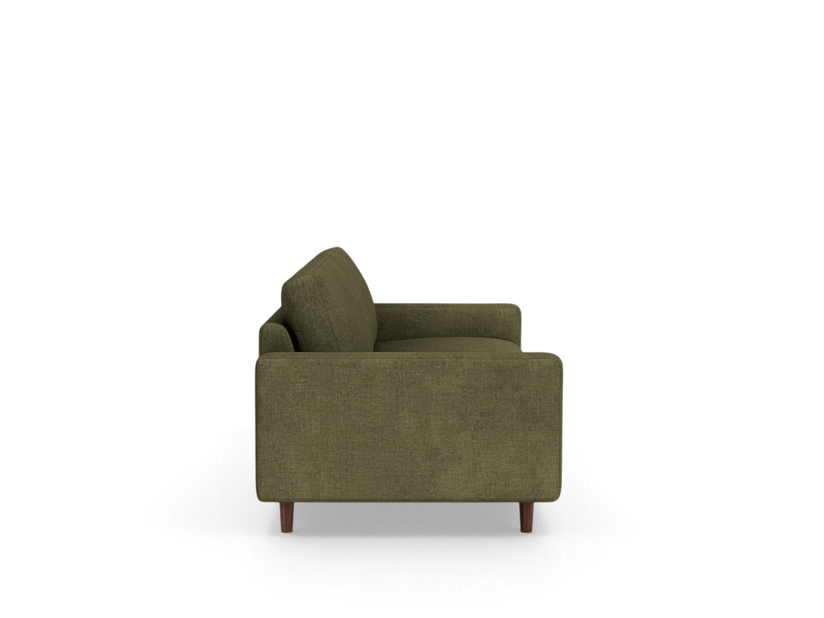 urbane EQ3 Oskar Plush 93 inch sofa in olive green fabric with wooden legs, side view