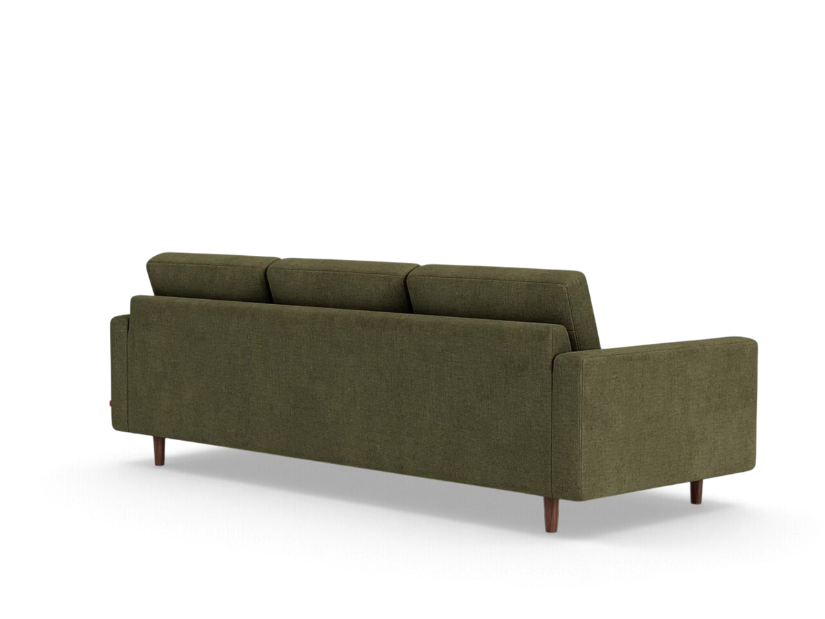 urbane EQ3 Oskar Plush 93 inch sofa in olive green fabric with wooden legs, back view