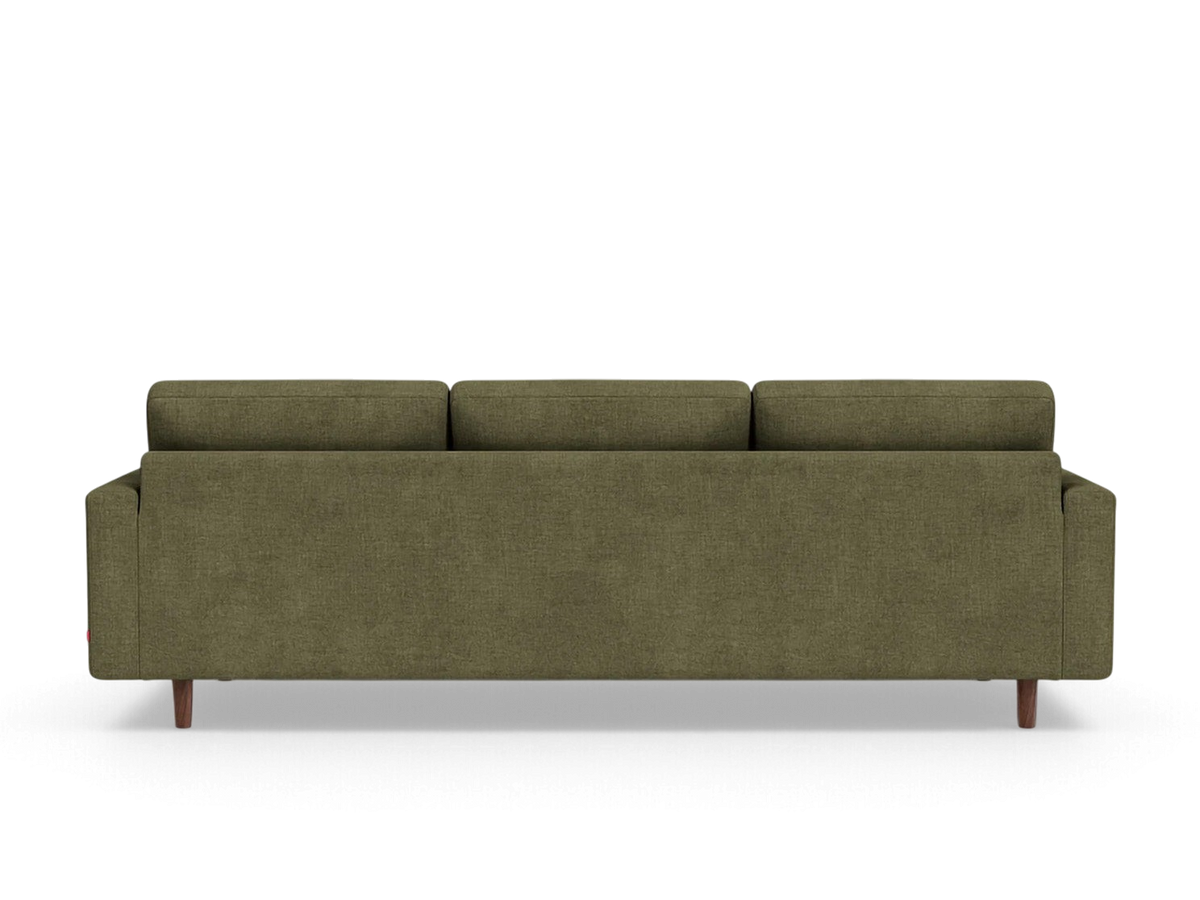 urbane EQ3 Oskar Plush 93 inch sofa in olive green fabric with wooden legs, back view