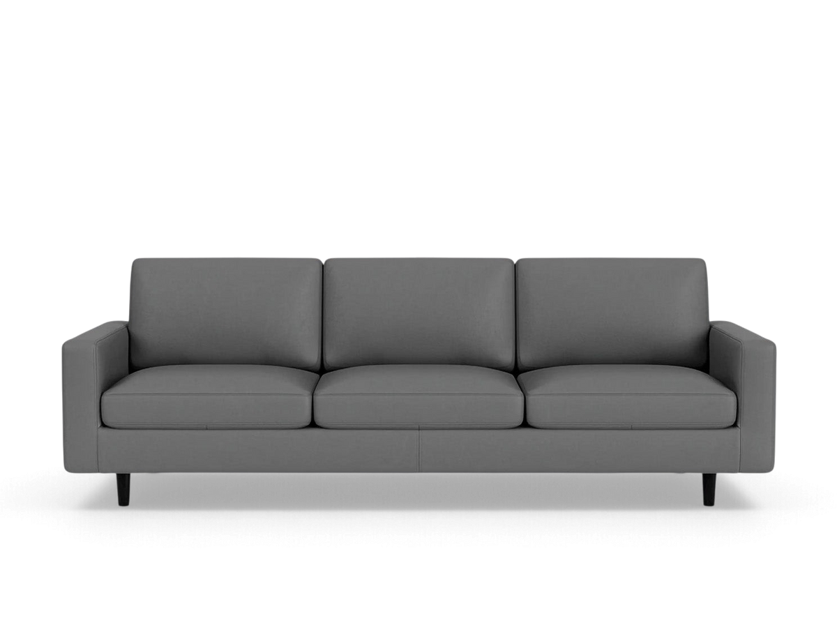 urbane EQ3 Oskar Plush 93 inch three-seater sofa in grey upholstery with modern tapered black legs