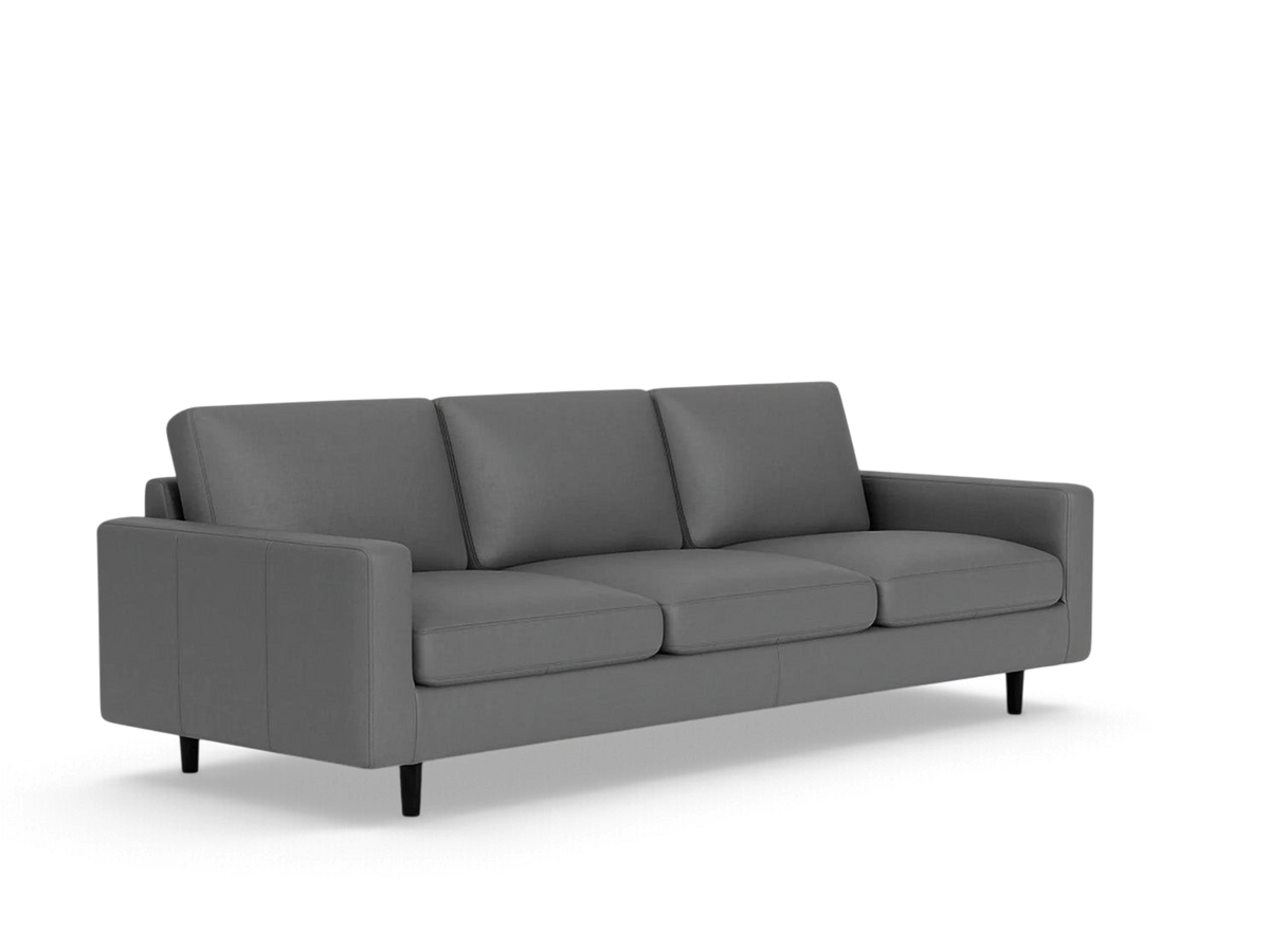 urbane EQ3 Oskar Plush 93-inch grey sofa with three comfortable feather-filled cushions and modern black legs