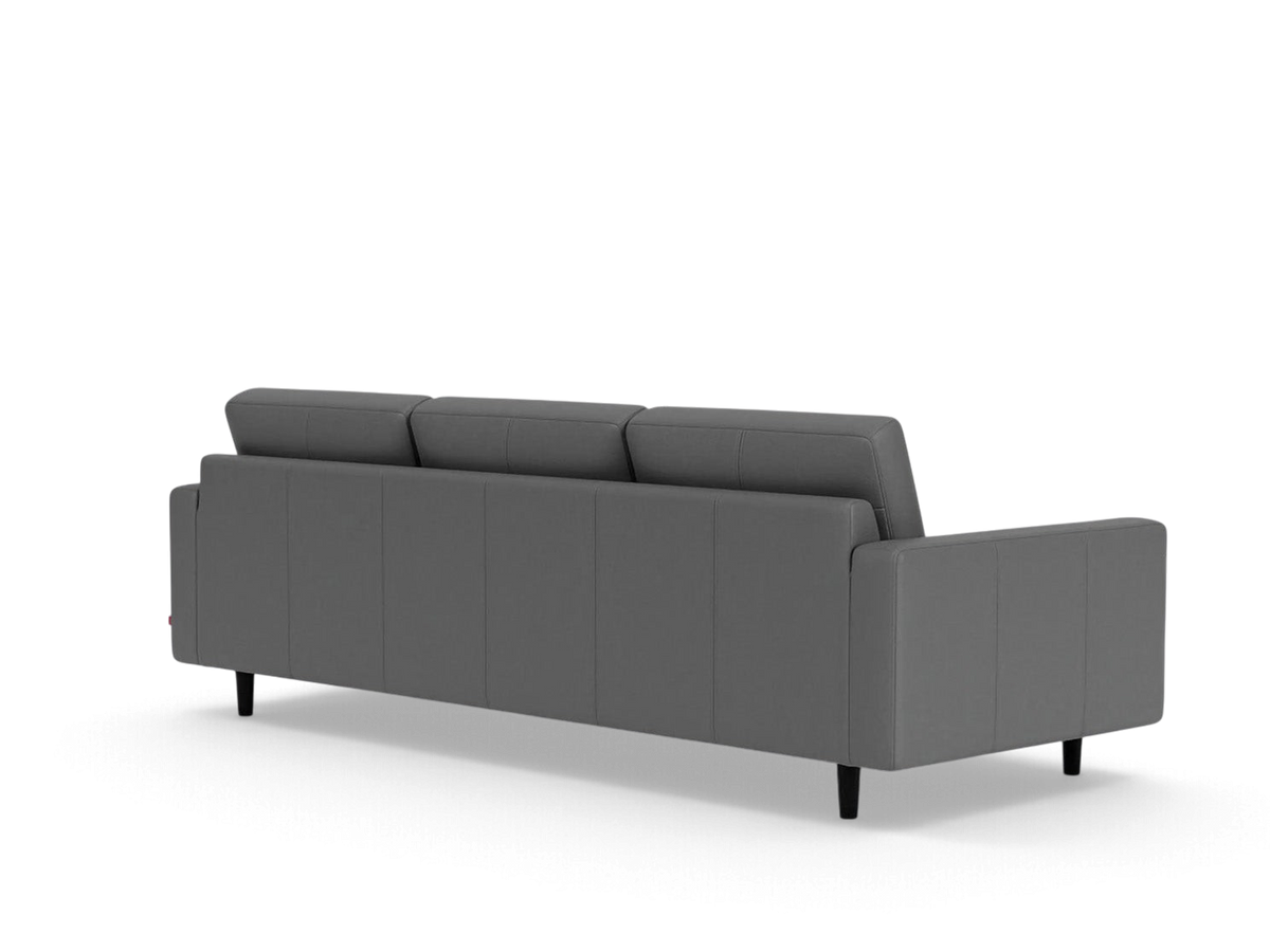 urbane EQ3 Oskar Plush 93 inch sofa in grey upholstery, back view showing modern design and black tapered legs