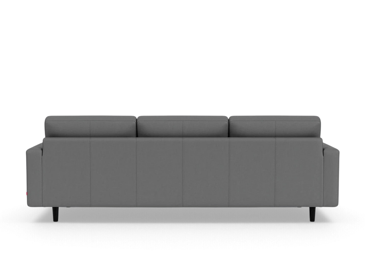 urbane EQ3 Oskar Plush 93 inch sofa in grey fabric with a modern minimalist back view and dark tapered legs