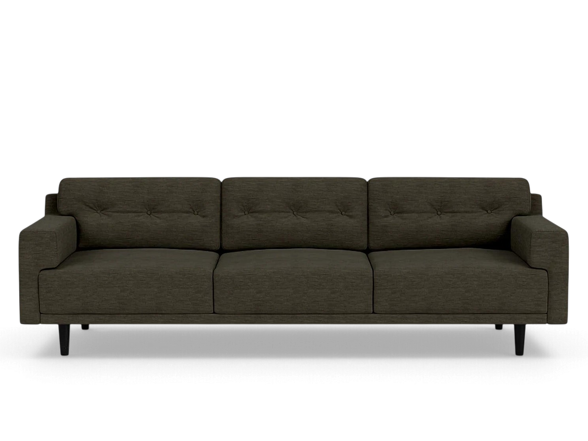 urbane EQ3 Remi 101-inch sofa in dark grey fabric with button-tufted back cushions and mid-century modern design