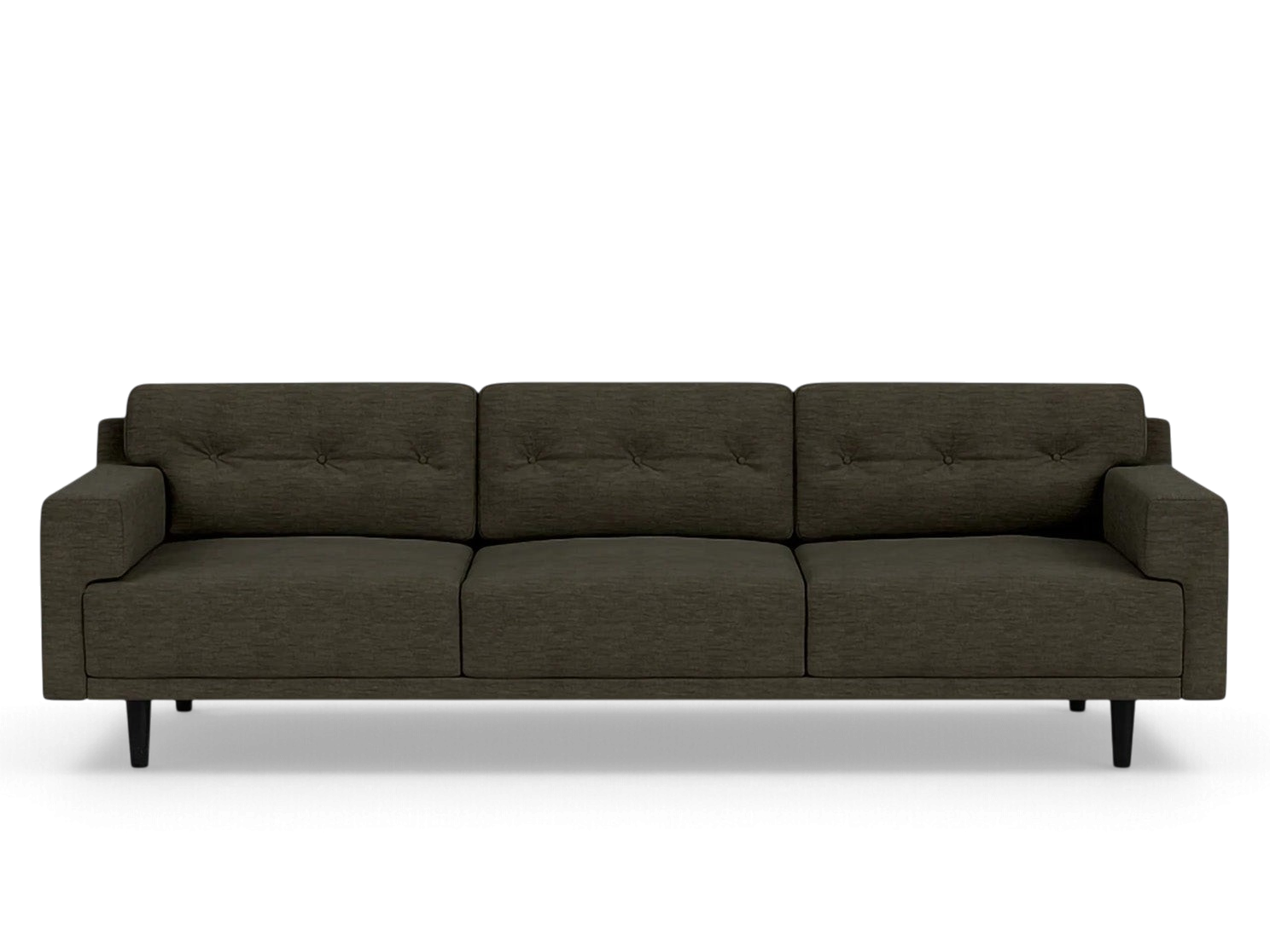 urbane EQ3 Remi 101-inch sofa in dark grey fabric with button-tufted back cushions and mid-century modern design