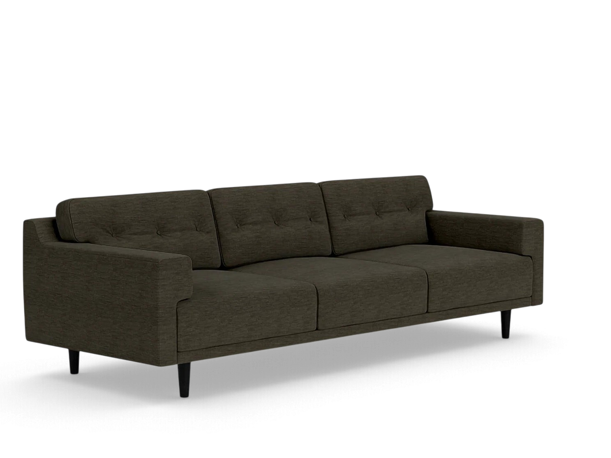 urbane EQ3 Remi 101 inch button-tufted sofa in dark grey fabric with mid-century modern tapered legs