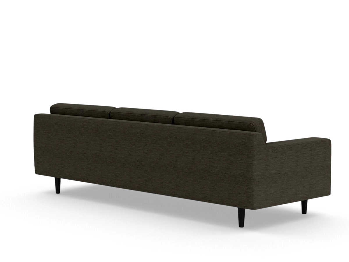 urbane EQ3 Remi 101 inch sofa in dark grey fabric with mid-century modern tapered legs, back view