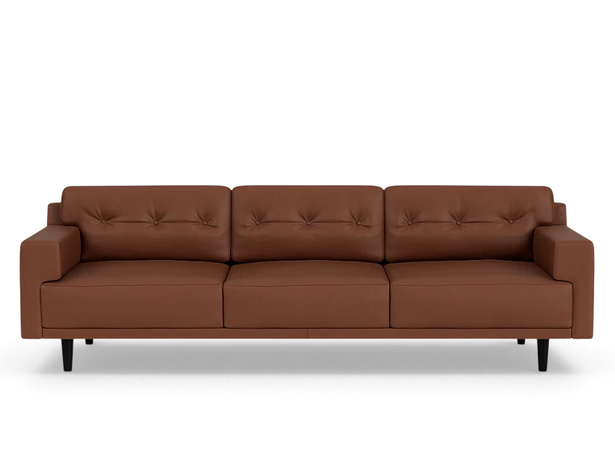 urbane EQ3 Remi 101-inch brown leather sofa with button-tufted back cushions and tapered black legs