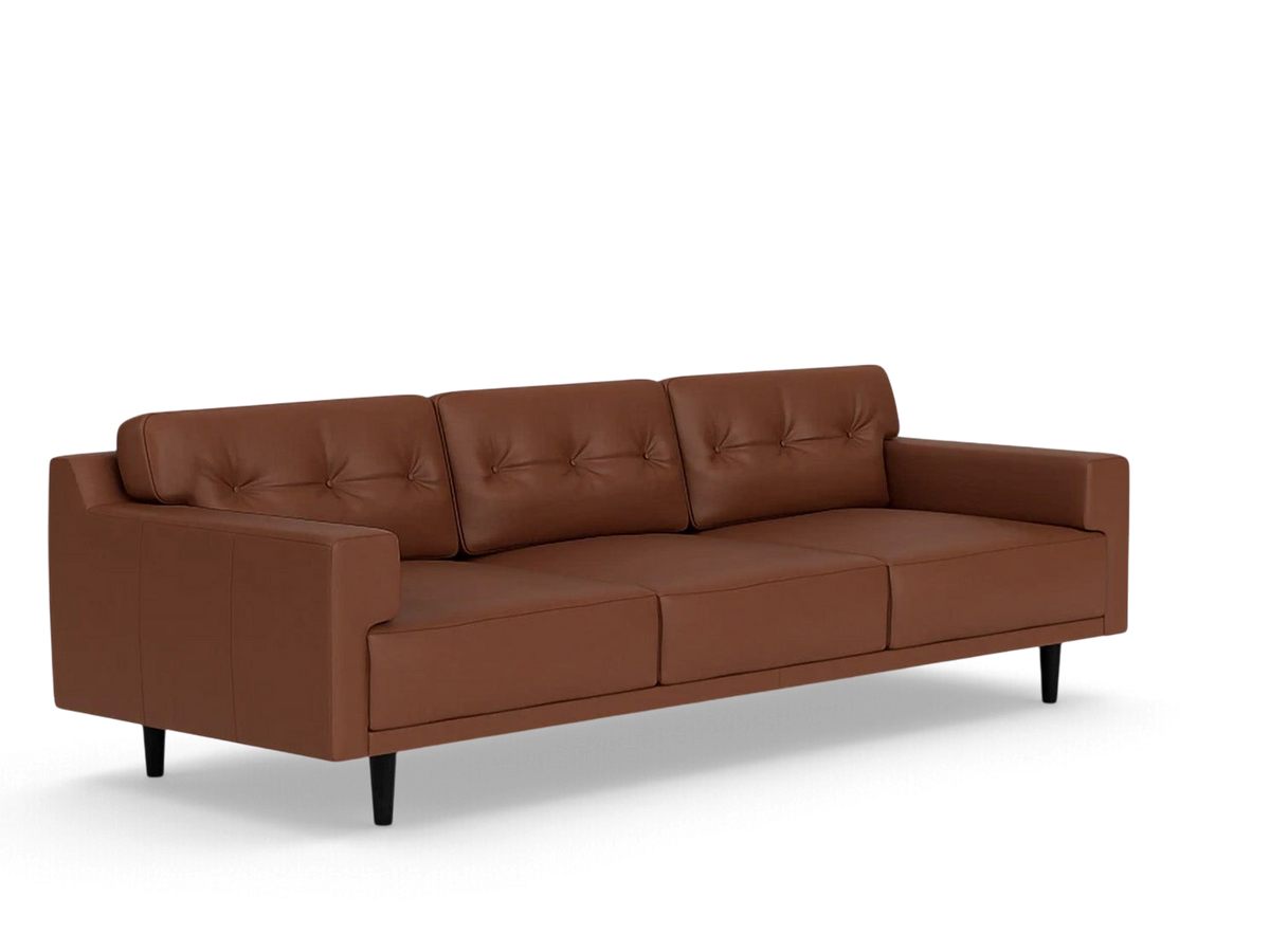 urbane EQ3 Remi 101-inch brown leather sofa with button-tufted back cushions and tapered black legs