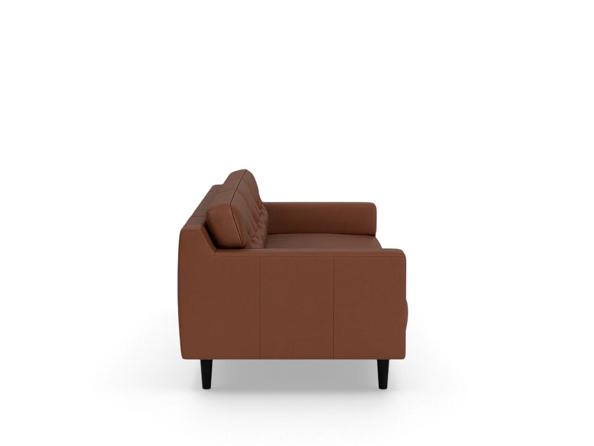 urbane EQ3 Remi 101 inch button-tufted brown leather sofa in a mid-century modern style, side profile view.