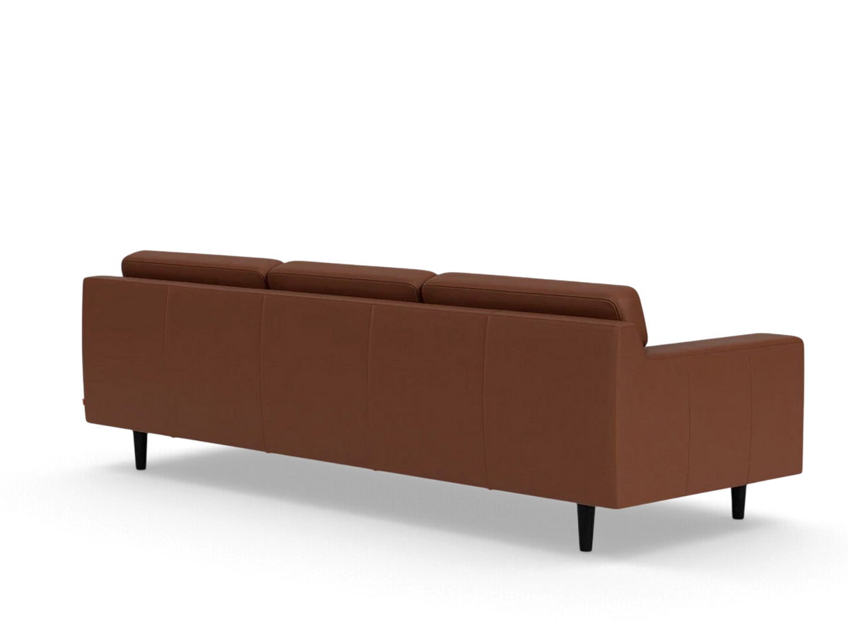urbane EQ3 Remi 101 inch sofa in brown leather with a mid-century modern design, shown from the back view