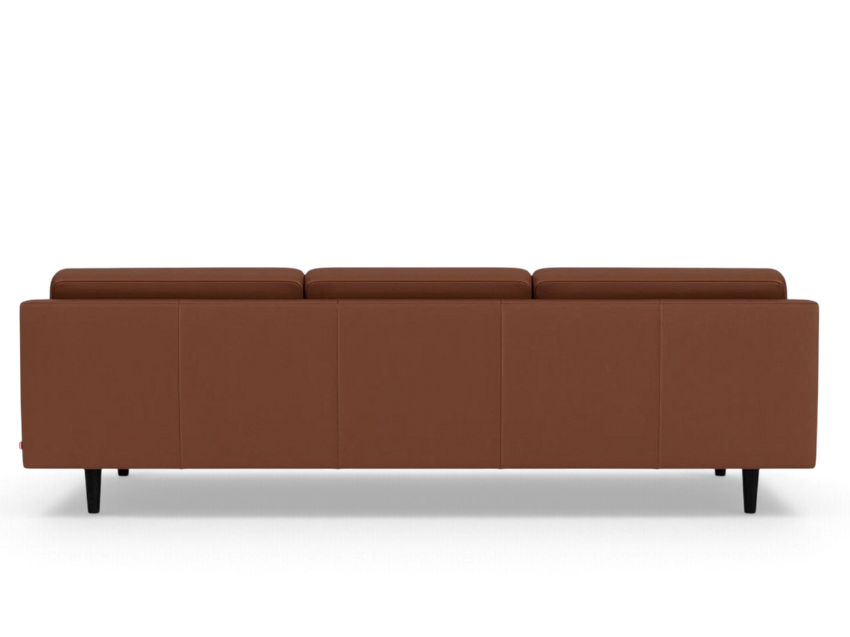urbane EQ3 Remi 101-inch sofa in brown leather with a minimalist back view and black tapered legs