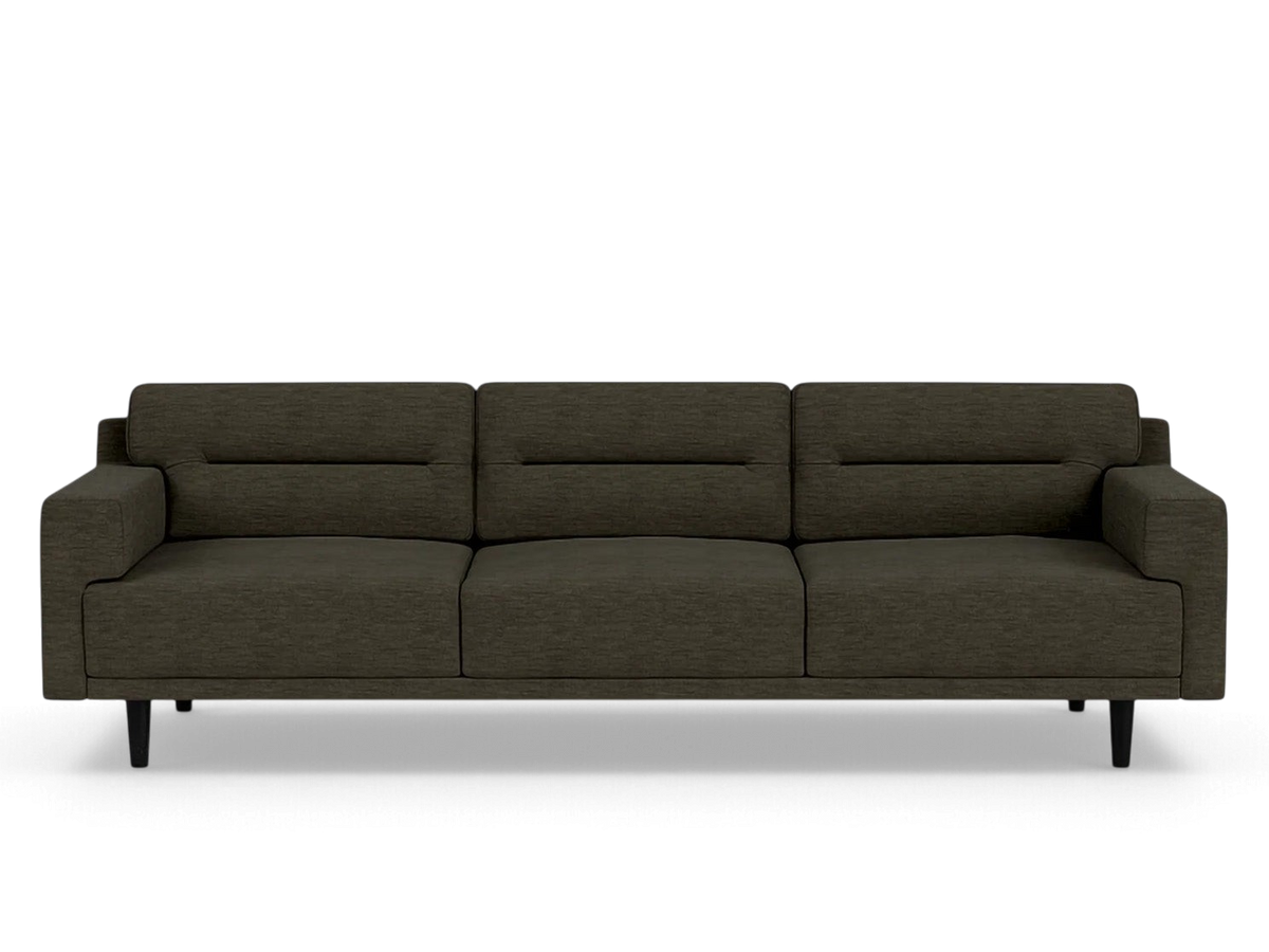 urbane EQ3 Remi 101 inch sofa in dark grey fabric with contemporary horizontal centre-pull cushion detailing