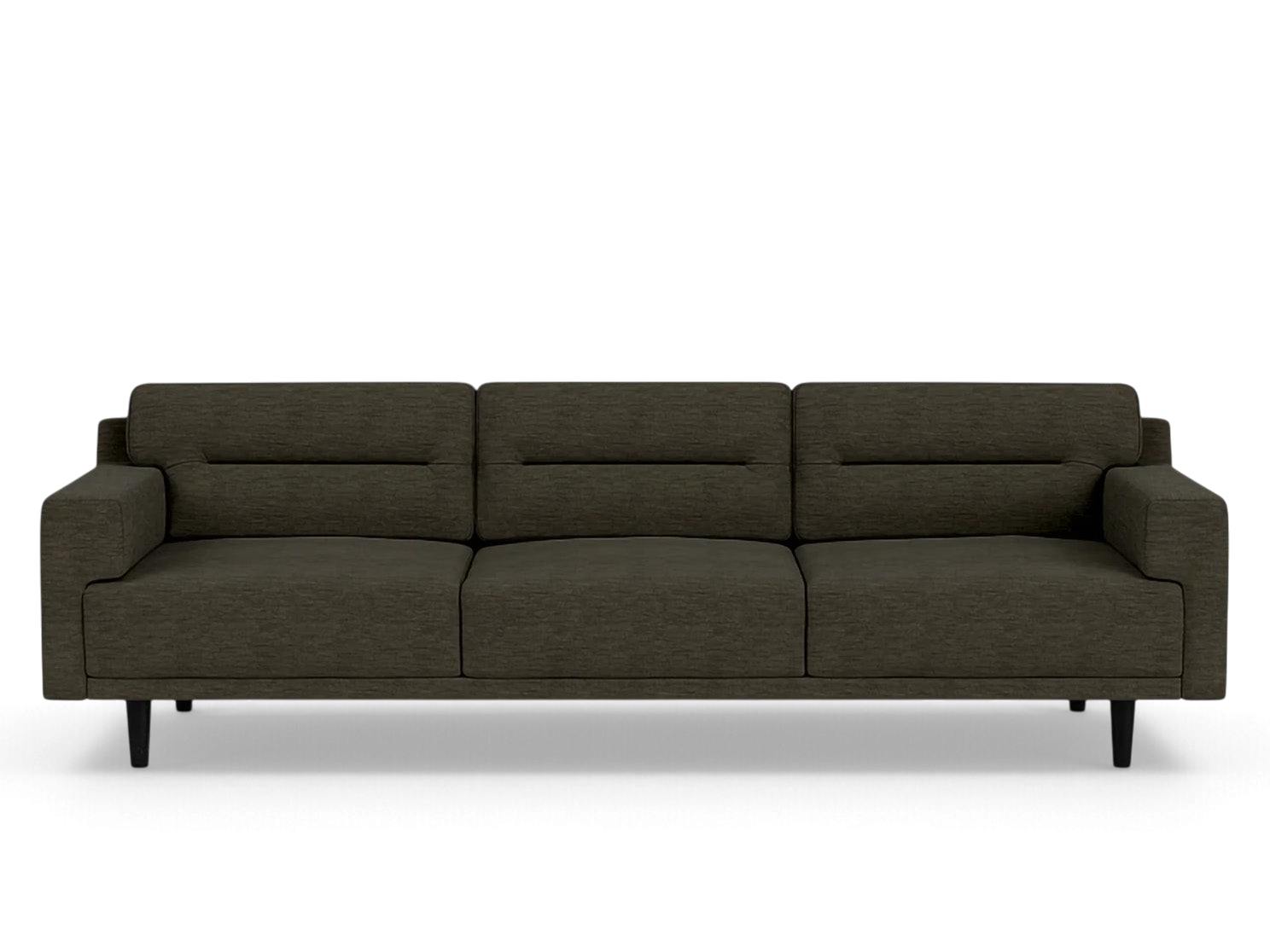 urbane EQ3 Remi 101 inch sofa in dark grey fabric with contemporary horizontal centre-pull cushion detailing