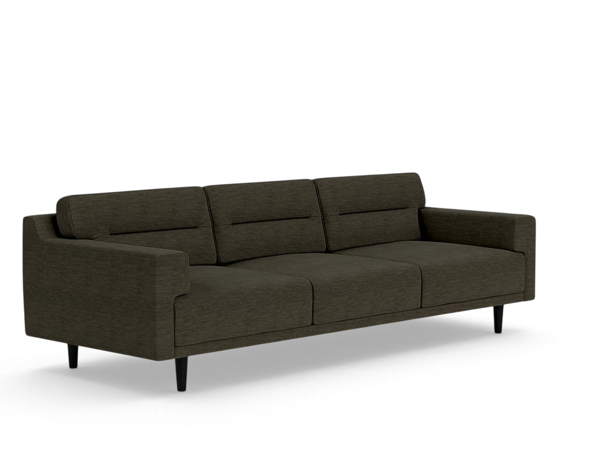 urbane EQ3 Remi 101-inch sofa in dark grey fabric with contemporary horizontal centre-pull cushion detailing.