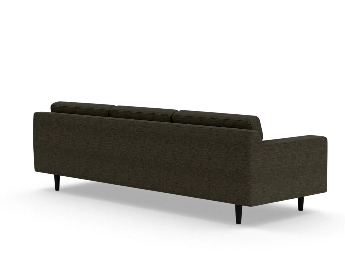 urbane EQ3 Remi 101-inch sofa in dark grey fabric with a contemporary horizontal pull back design and tapered legs