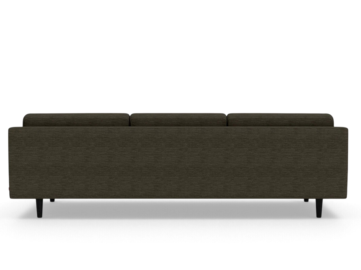 urbane EQ3 Remi 101 inch sofa in dark grey fabric with a contemporary horizontal pull design and tapered black legs