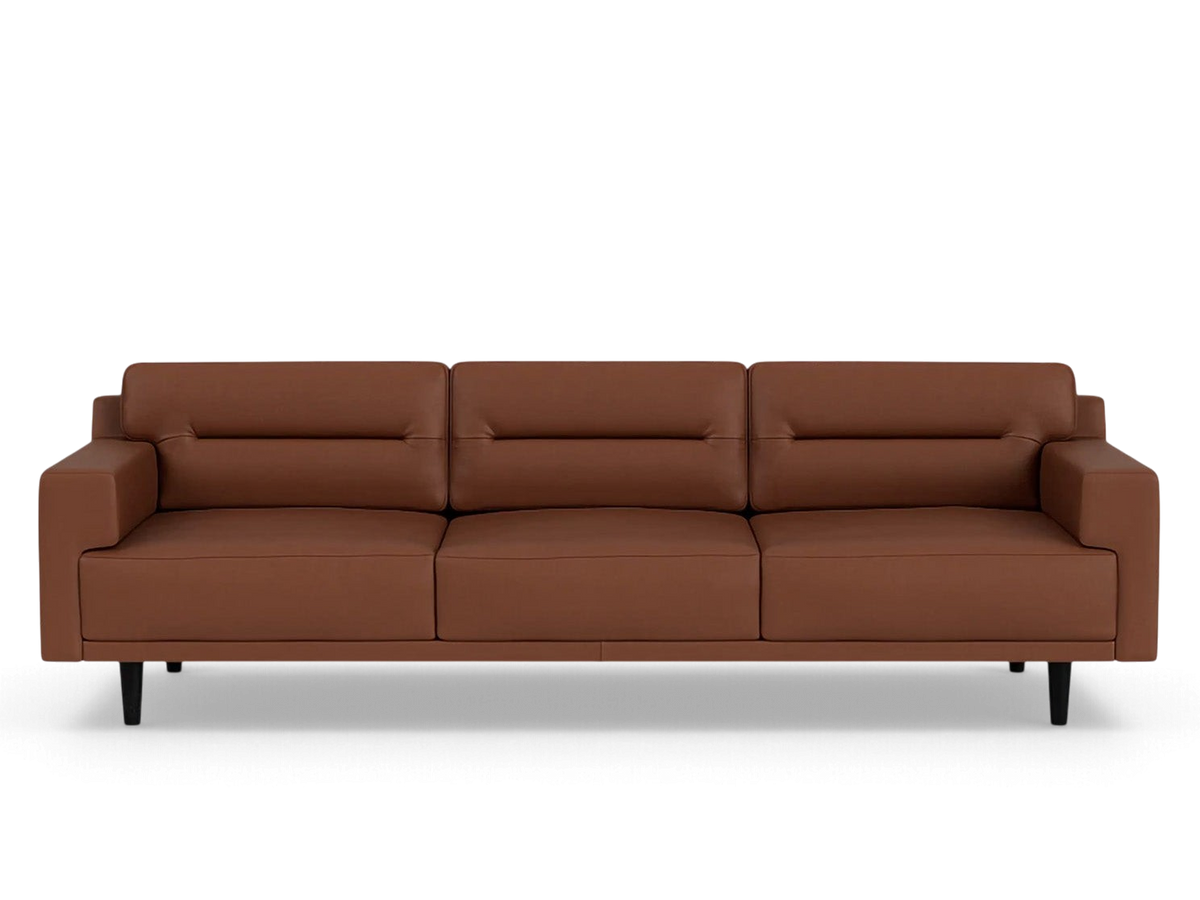 urbane EQ3 Remi 101 inch sofa in brown leather with contemporary horizontal pull back cushions and black tapered legs