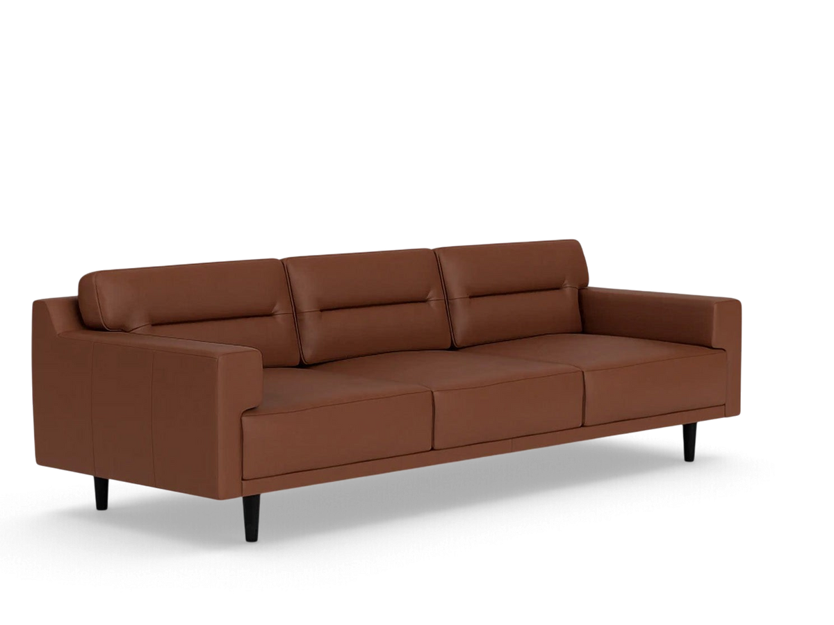 urbane EQ3 Remi 101 inch sofa in brown leather with contemporary horizontal centre-pull cushion detail