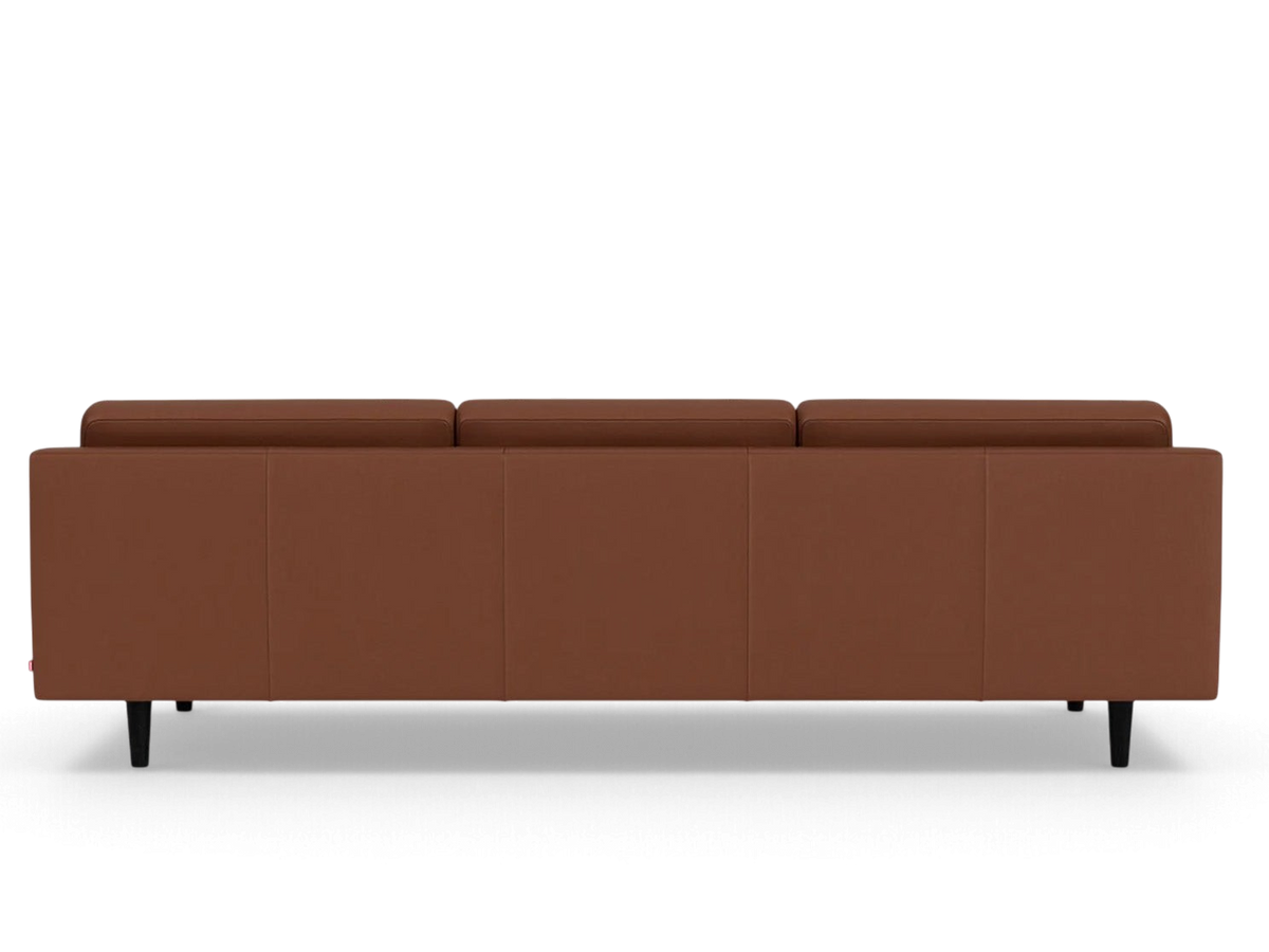urbane EQ3 Remi 101-inch sofa in brown leather with a contemporary horizontal pull design and black tapered legs
