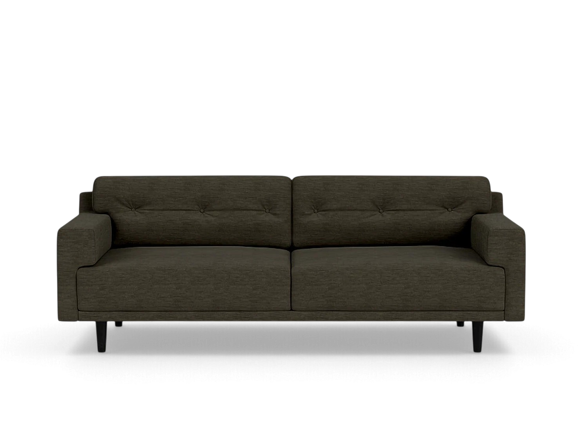 urbane EQ3 Remi 87 inch sofa in dark grey fabric with mid-century modern button-tufted back cushions and tapered legs