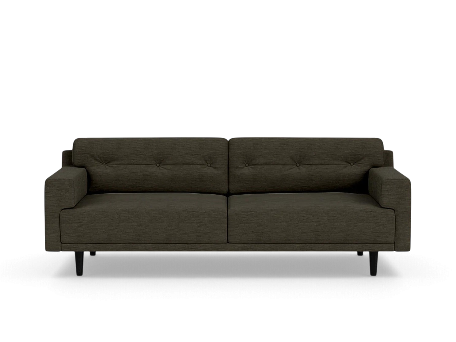 urbane EQ3 Remi 87 inch sofa in dark grey fabric with mid-century modern button-tufted back cushions and tapered legs