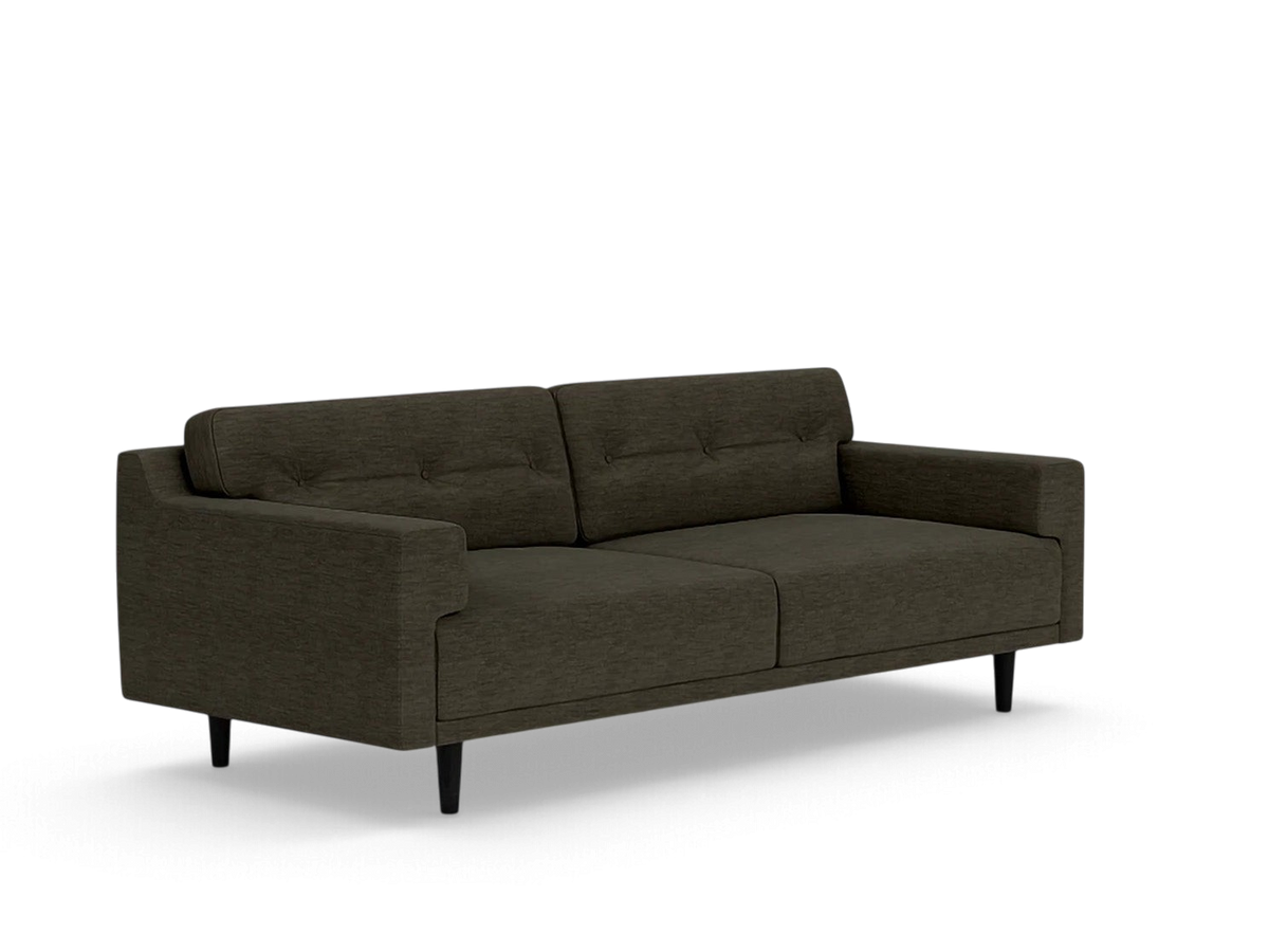 urbane EQ3 Remi 87-inch sofa in dark grey fabric with button-tufted back cushions and tapered black legs