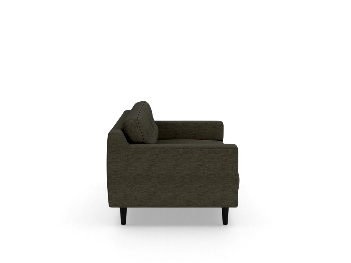 urbane EQ3 Remi 87 inch sofa in dark grey fabric with button-tufted back cushions and tapered black wooden legs