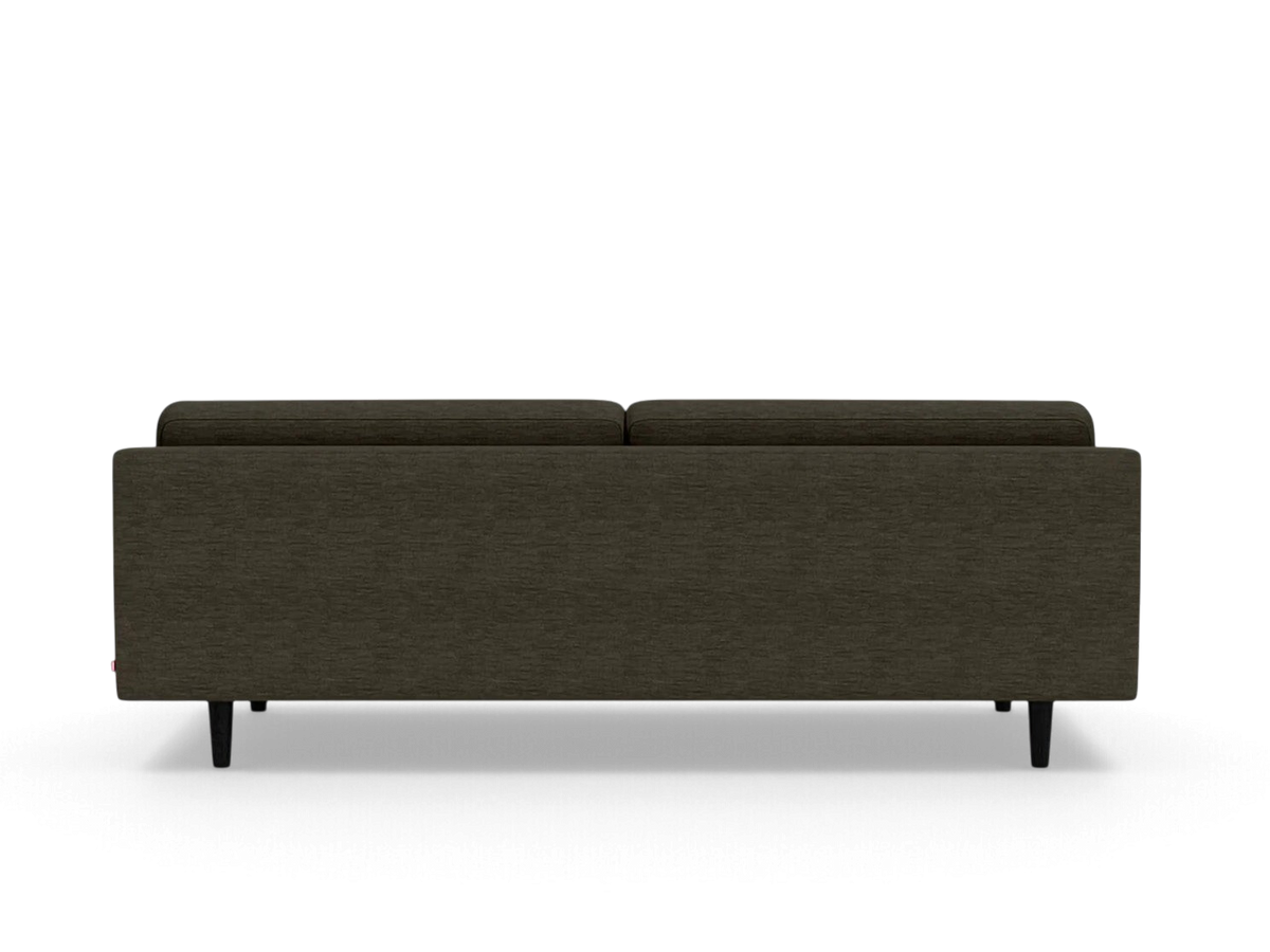 urbane EQ3 Remi 87 inch sofa in dark grey fabric with mid-century modern tapered legs, back view