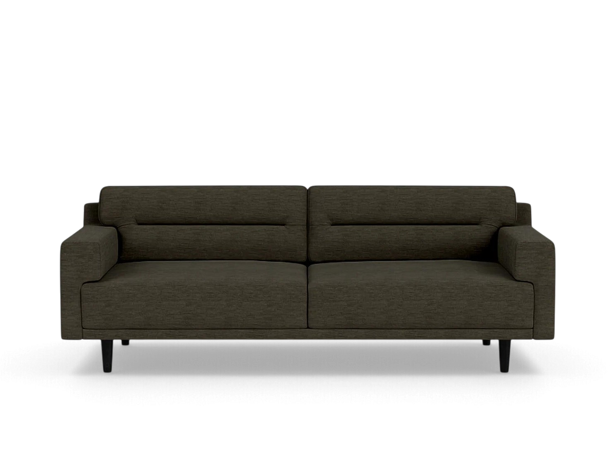urbane EQ3 Remi 87 inch contemporary sofa in dark grey fabric with horizontal pull cushion detail and black legs