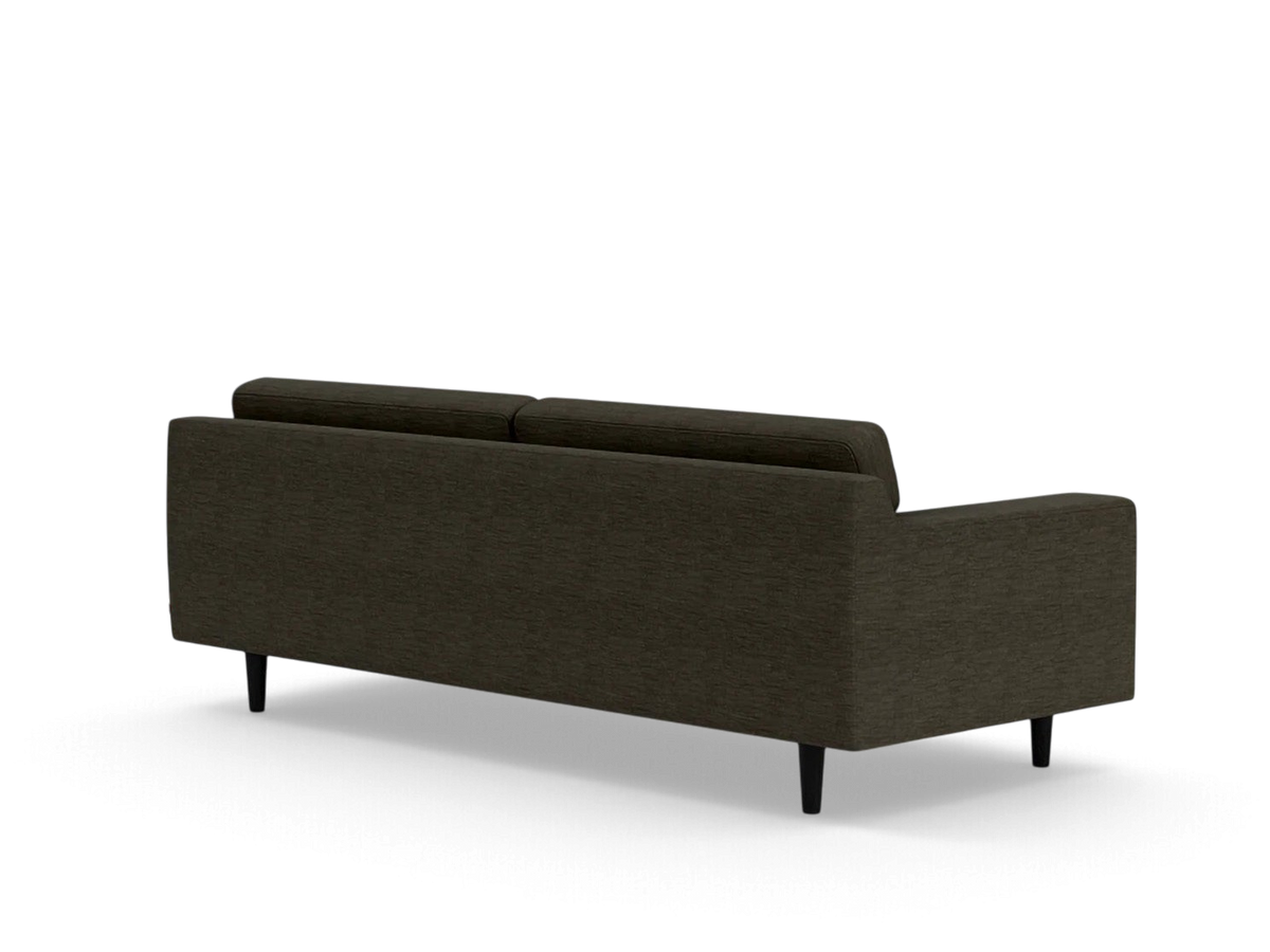 urbane EQ3 Remi 87 inch sofa in dark grey fabric with a contemporary horizontal pull back design and tapered legs