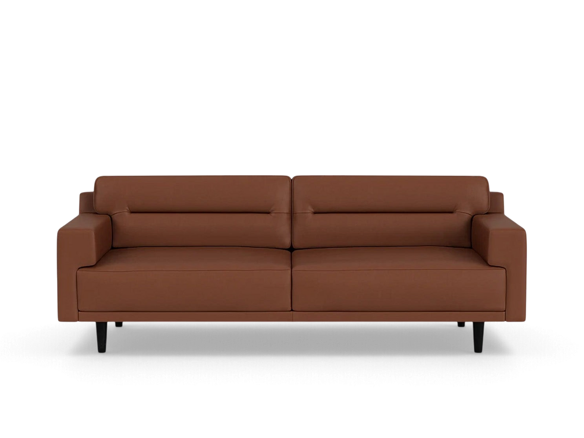 urbane EQ3 Remi 87-inch sofa in brown leather with contemporary horizontal pull cushion detail and black tapered legs