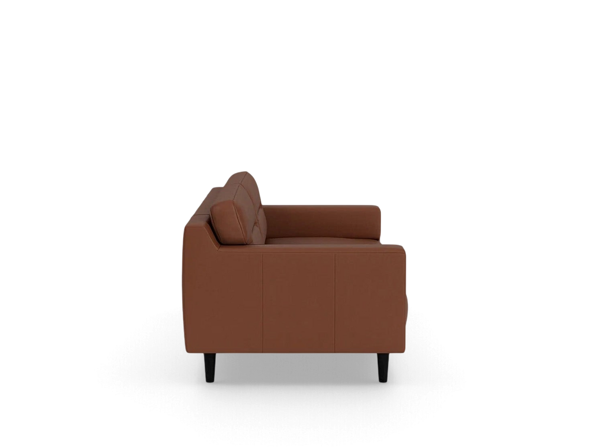 urbane EQ3 Remi 87 inch sofa in brown leather with a contemporary horizontal pull cushion design and dark wood legs