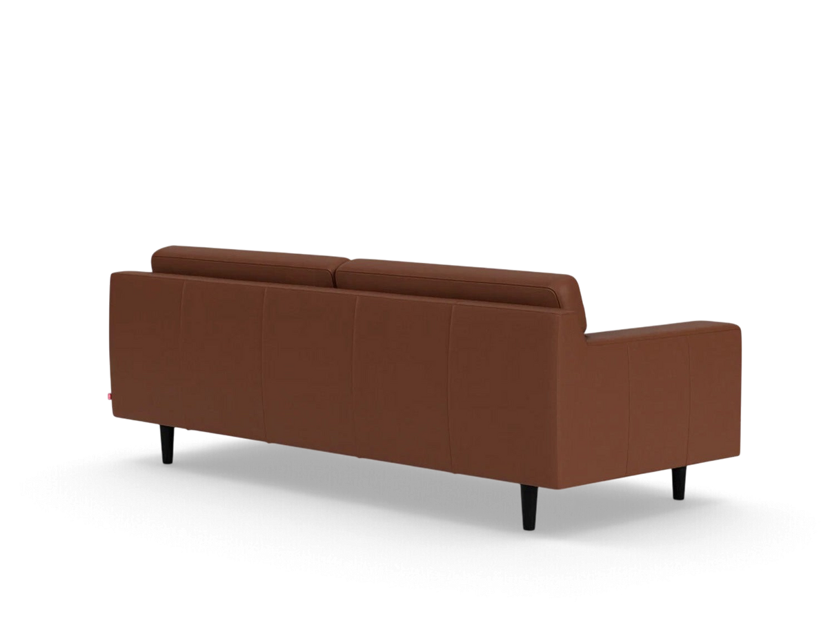 urbane EQ3 Remi 87 inch sofa in brown leather with a contemporary horizontal pull back design and tapered black legs