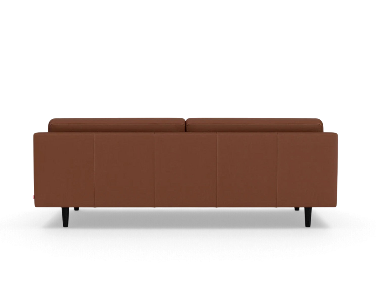 urbane EQ3 Remi 87 inch sofa in brown leather with a contemporary horizontal pull design and tapered black legs