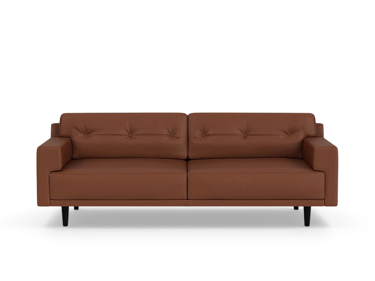 urbane EQ3 Remi 87-inch sofa in brown leather with button-tufted back cushions and tapered black legs